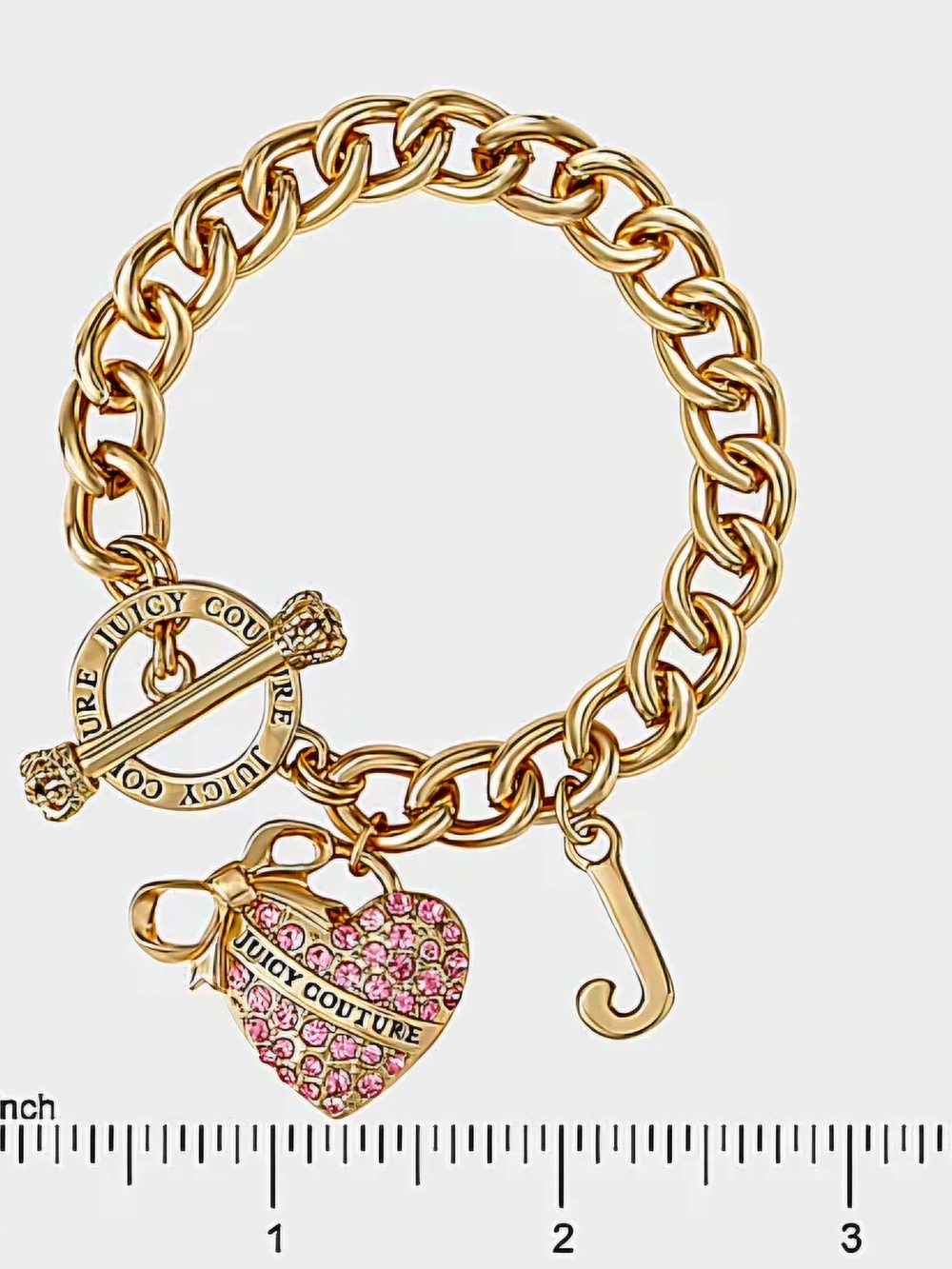 NEW Juicy Couture Y2K Gold Tone Toggle Womens Pink Crystal Bow Heart Bracelet - Picture 6 of 7